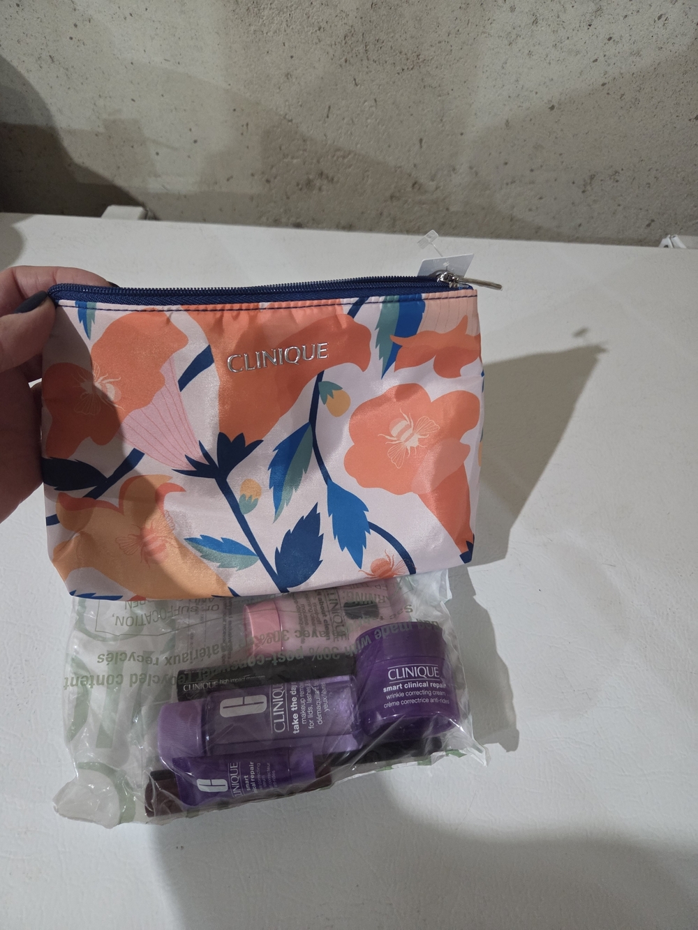 Clinique Coral & Blue Floral Makeup Pouch And Samples
